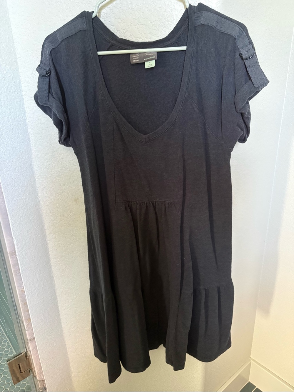 Anthropologie Charcoal Black V-Neck Short Sleeve Tunic Dress